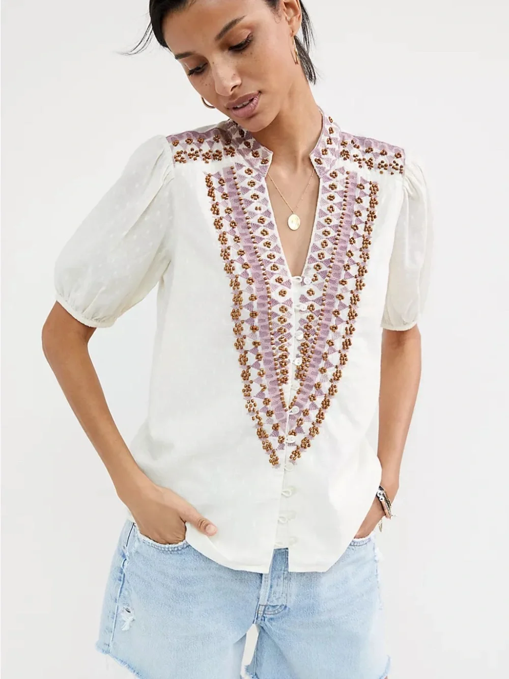 Anthropologie White Embroidered V-Neck Blouse with Pink & Gold Trim